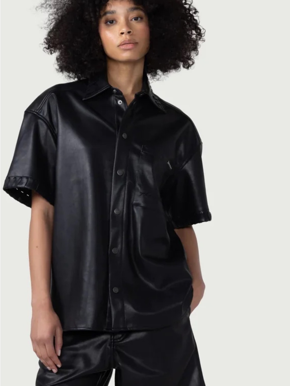Black Short-Sleeve Vegan Leather Button-Down Shirt - Casual